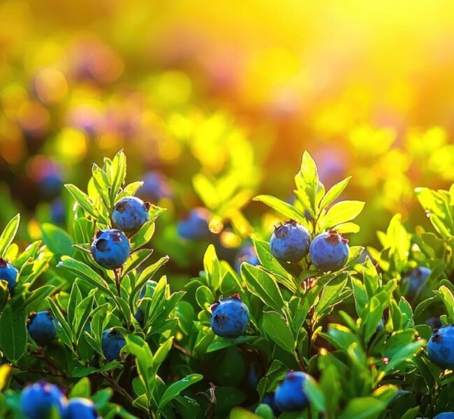 Blueberries ripening in sunlight among green foliage. A Peaceful Moment in the Blueberry Grove: Close-up of Fresh Berries and Dewy Green Leaves --chaos 70 --ar 16:9 --quality 2 --v 6.1 Job ID: cbb5385f-f2ba-4a76-aff5-49e497fae724